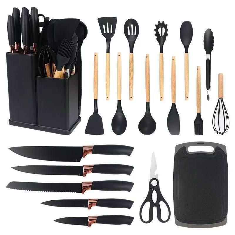 Set di Utensili da Cucina e Coltelli da Cucina da 19 Pezzi in Silicone con Manico in Legno (nero)