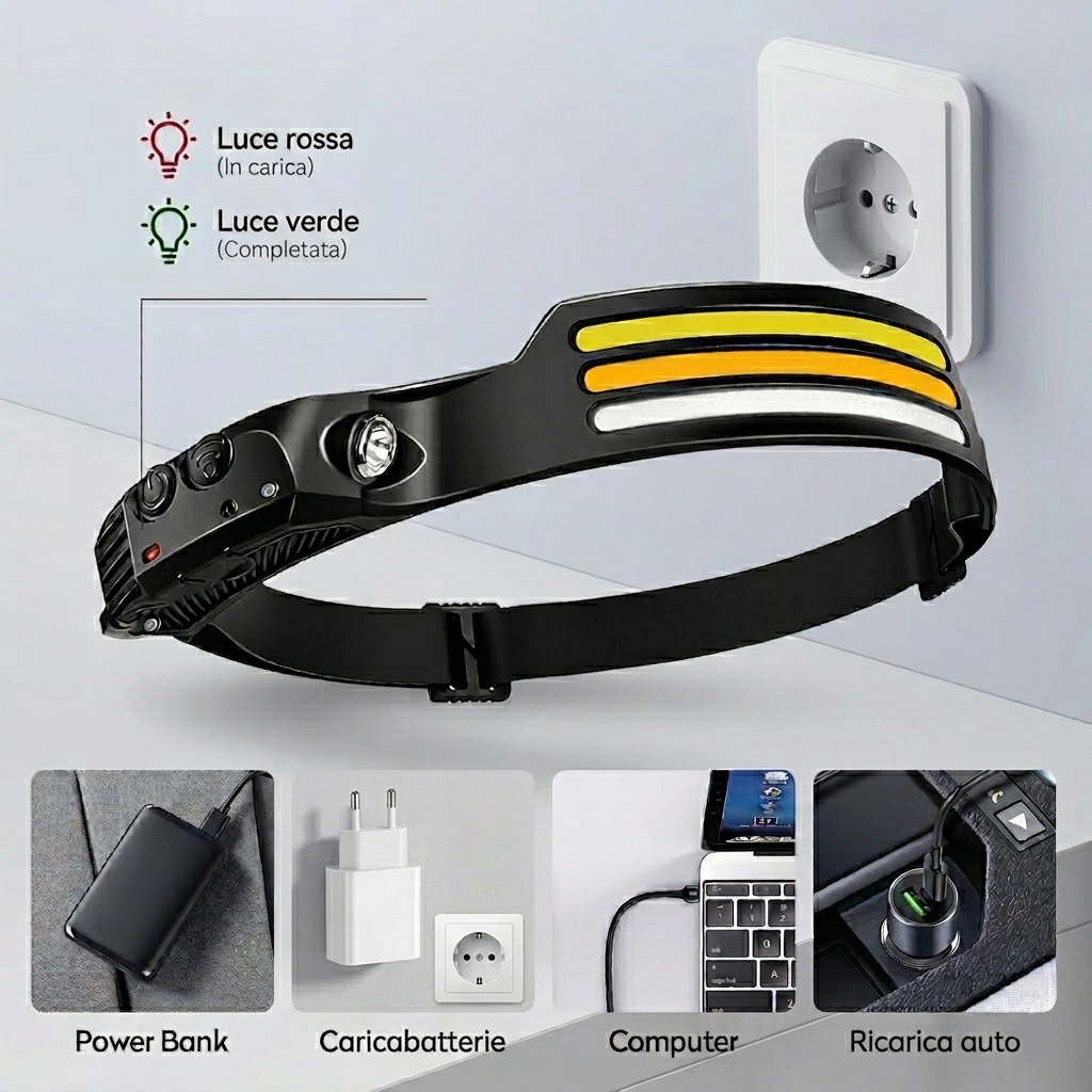 Set 2 Torce Frontali LED con 10 Modalità di Luce e Sensore Smart