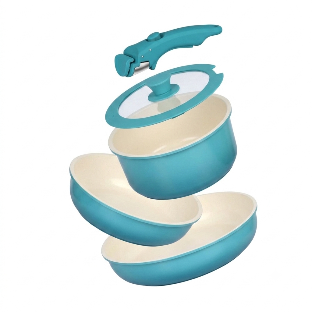 Set Pentole 5pz Ceramica Atossica Manico Staccabile - Blu Sfumato