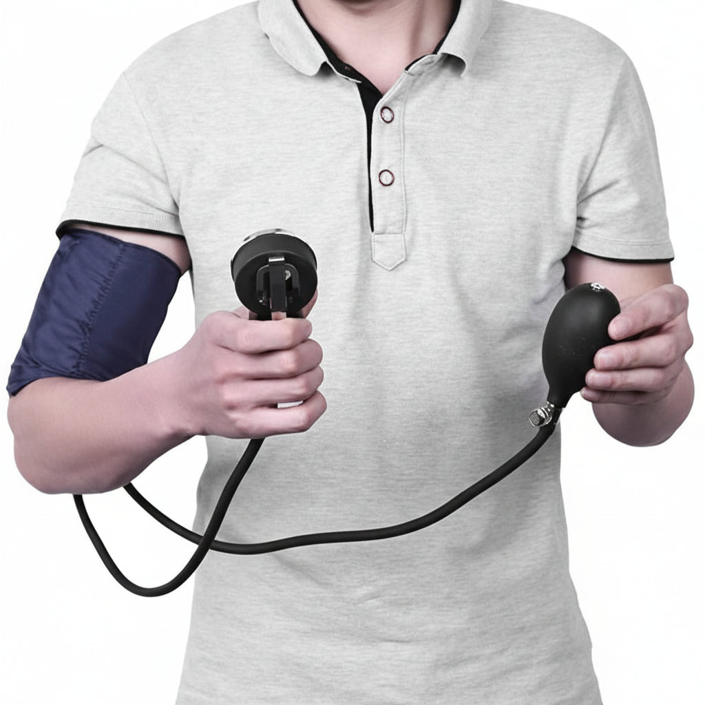 Sfigmomanometro aneroide con stetoscopio incorporato per l’autocontrollo della pressione.