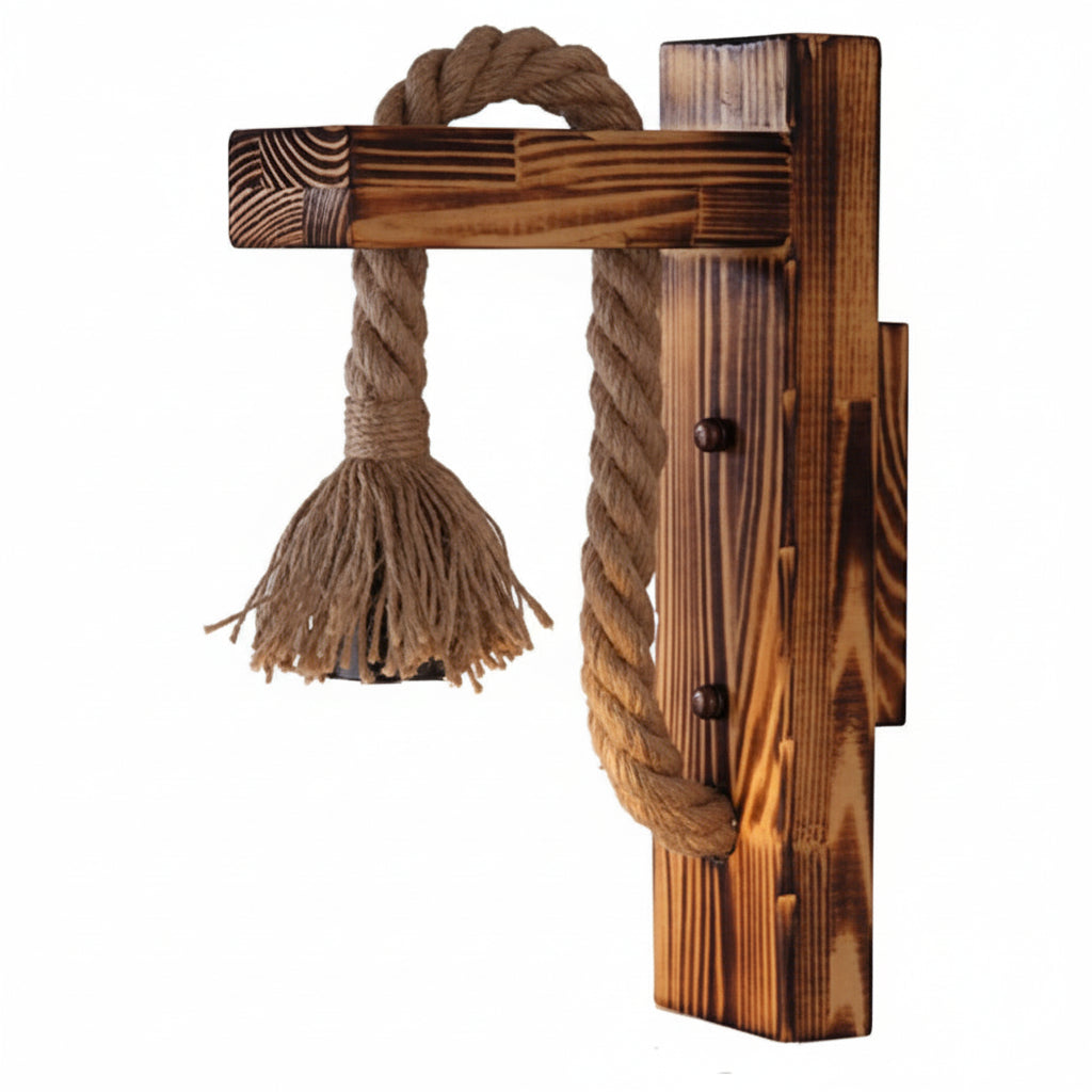 Applique da Parete in Legno e Corda di Canapa Stile Rustico Retrò