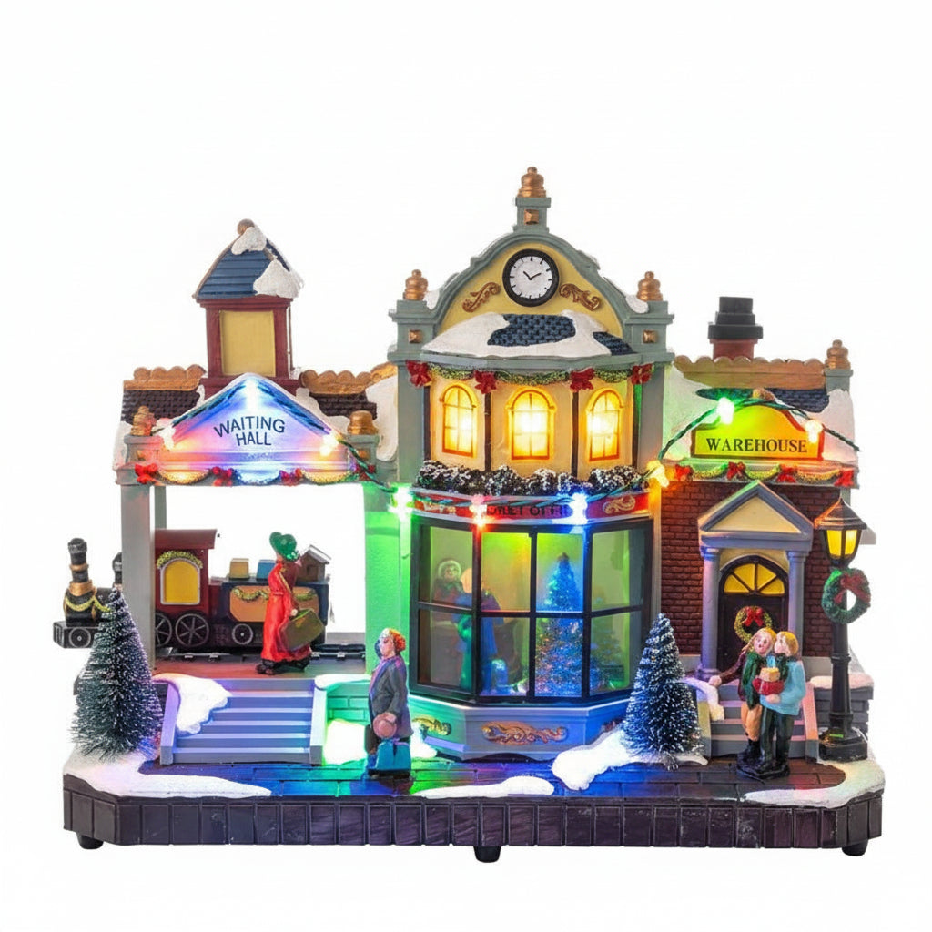Stazione di Babbo Natale - Villaggio Natalizio con Luci LED, Movimento e Musica 30 cm