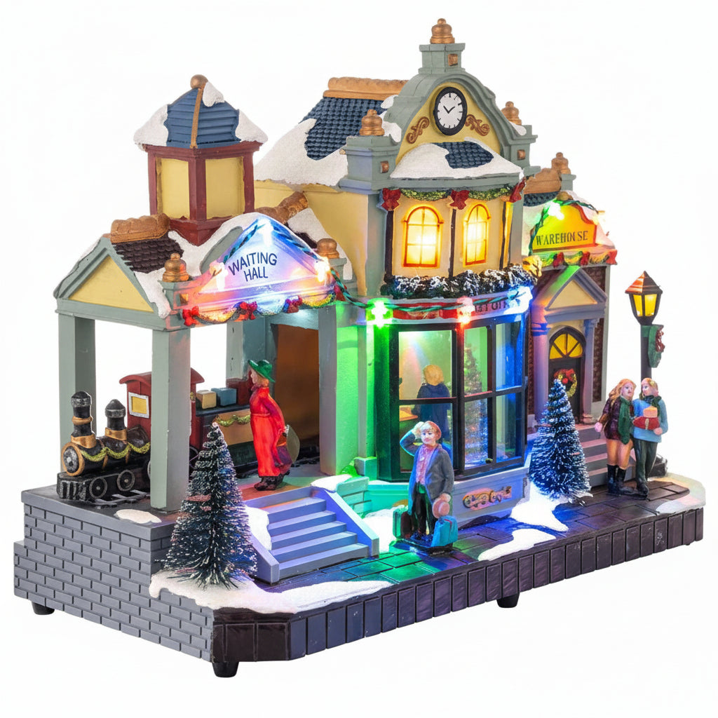 Stazione di Babbo Natale - Villaggio Natalizio con Luci LED, Movimento e Musica 30 cm