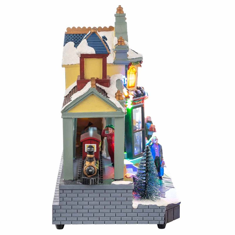 Stazione di Babbo Natale - Villaggio Natalizio con Luci LED, Movimento e Musica 30 cm