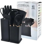 Set di Utensili da Cucina e Coltelli da Cucina da 19 Pezzi in Silicone con Manico in Legno (nero)