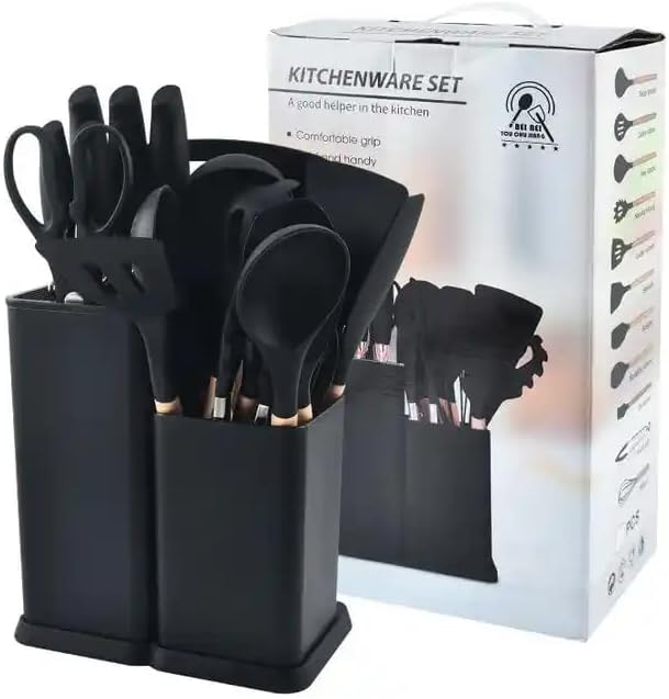 Set di Utensili da Cucina e Coltelli da Cucina da 19 Pezzi in Silicone con Manico in Legno (nero)