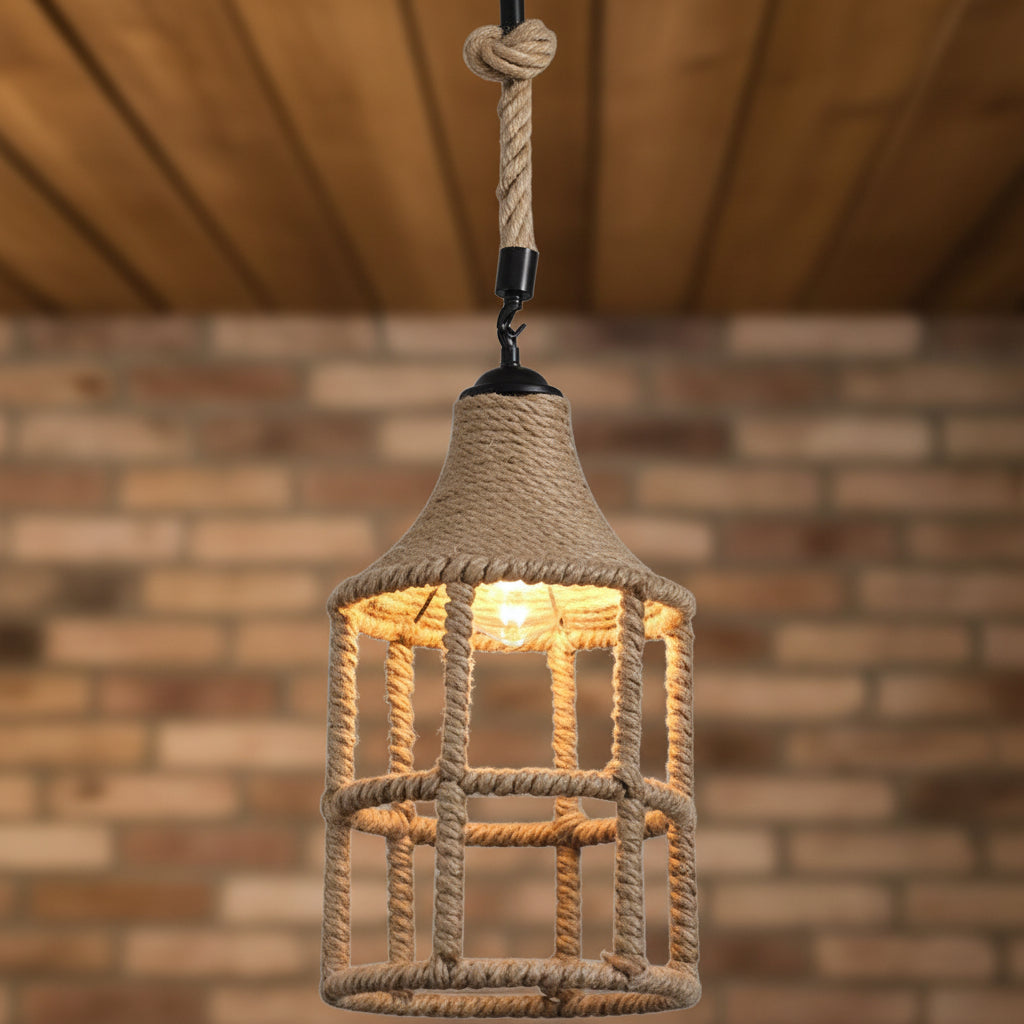 Lampadario sospeso con corda di canapa E27  design vintage rustico