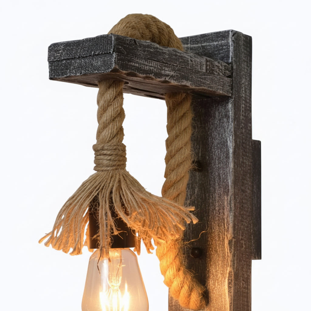 Applique da Parete in Legno e Corda di Canapa Stile Rustico Retrò