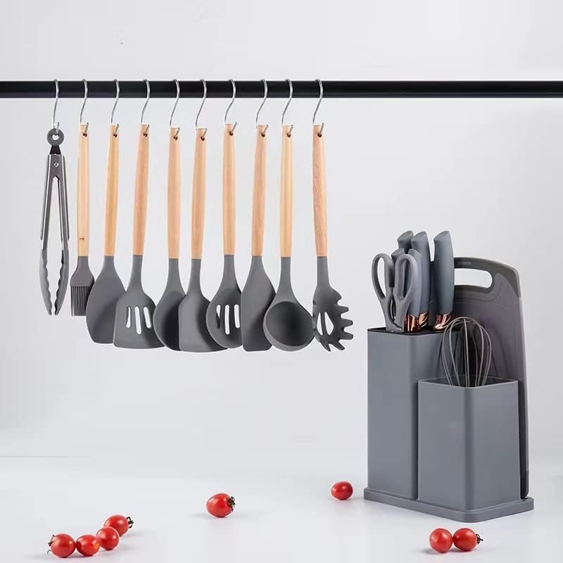 Set di Utensili da Cucina e Coltelli da Cucina da 19 Pezzi in Silicone con Manico in Legno (Grigio)