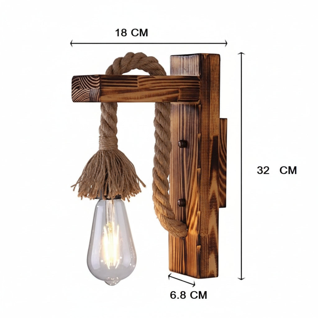 Applique da Parete in Legno e Corda di Canapa Stile Rustico Retrò