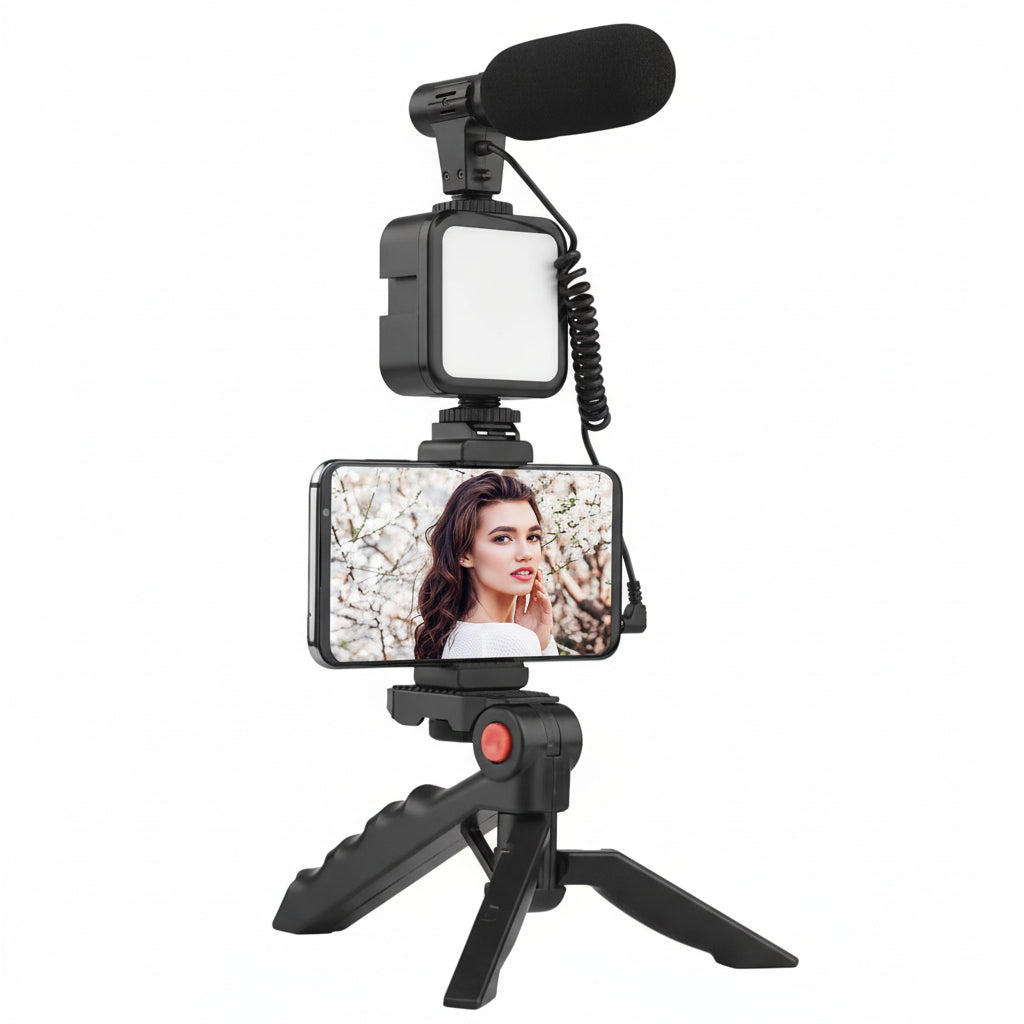 Kit vlogger professionale 4 in 1 treppiede cellulare con microfono e luce led