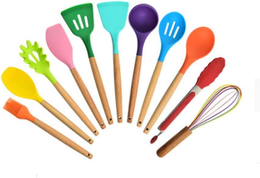 Set da cucina 12 pezzi in silicone e legno mestoli colorati nuovi