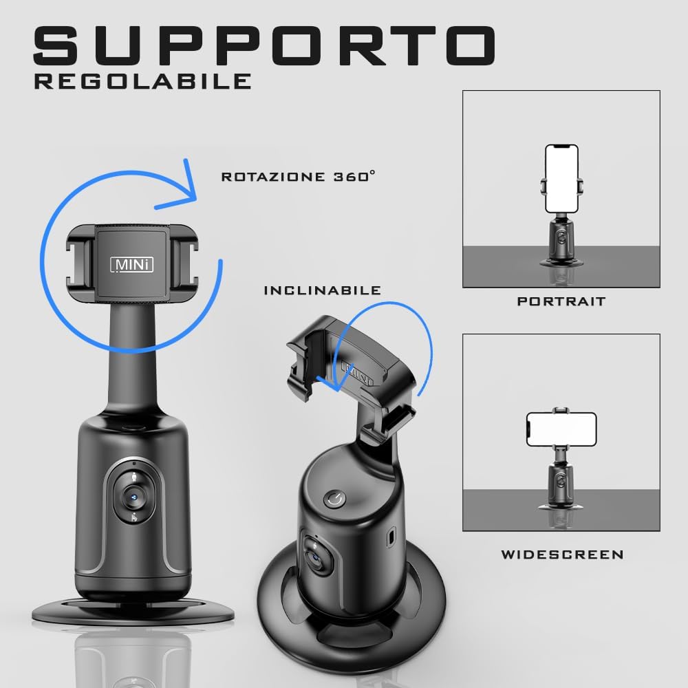 Stabilizzatore Smartphone con Tracciamento del Volto e Controllo Gestuale – Compatibile con Treppiedi, Connessione Bluetooth, USB-C, Nero