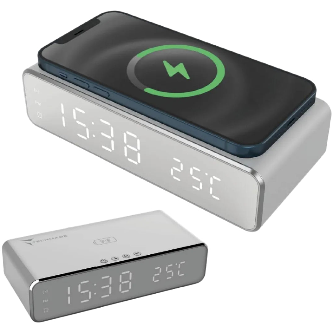 TECHMADE – Sveglia Digitale con Ricarica Wireless, Allarme con Timer, Display LED Regolabile