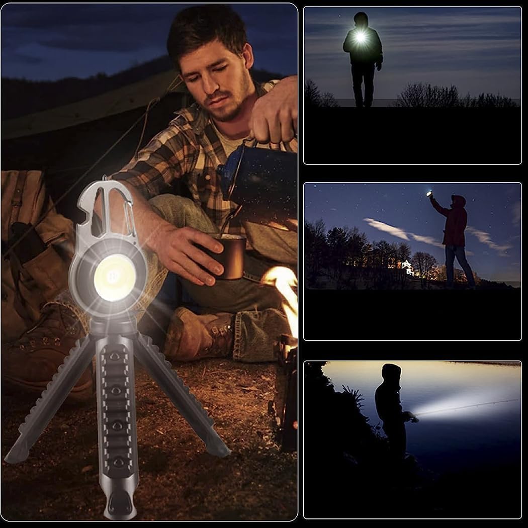 Torcia Multifunzione Ricaricabile da Campeggio e Pesca con Apribottiglie, Treppiede e Rompivetro, 6 Modalità di Luce