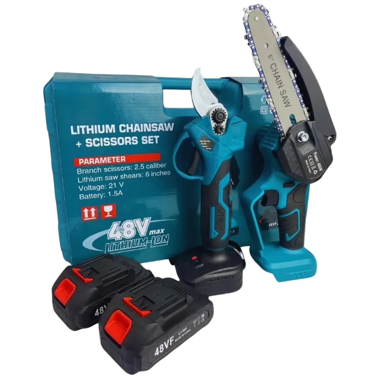 Set Potatura 2 in 1 con Motosega e Forbici a Batteria –2 batterie da 48V, Lama da 6", Valigetta Inclusa