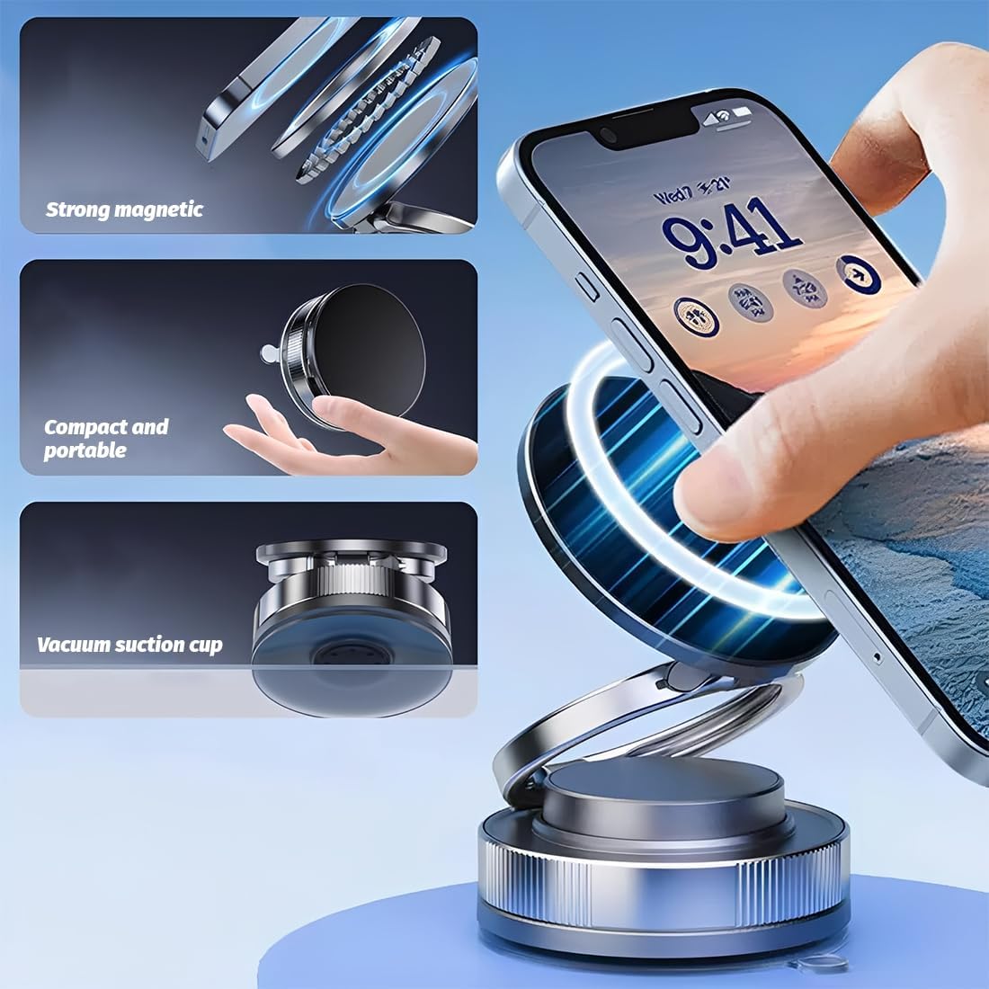 Supporto Magnetico Smartphone 360° – Rotazione Totale, Adesione Sottovuoto + Magnete, Pieghevole 270°, Universale per Auto, Casa e Scrivania