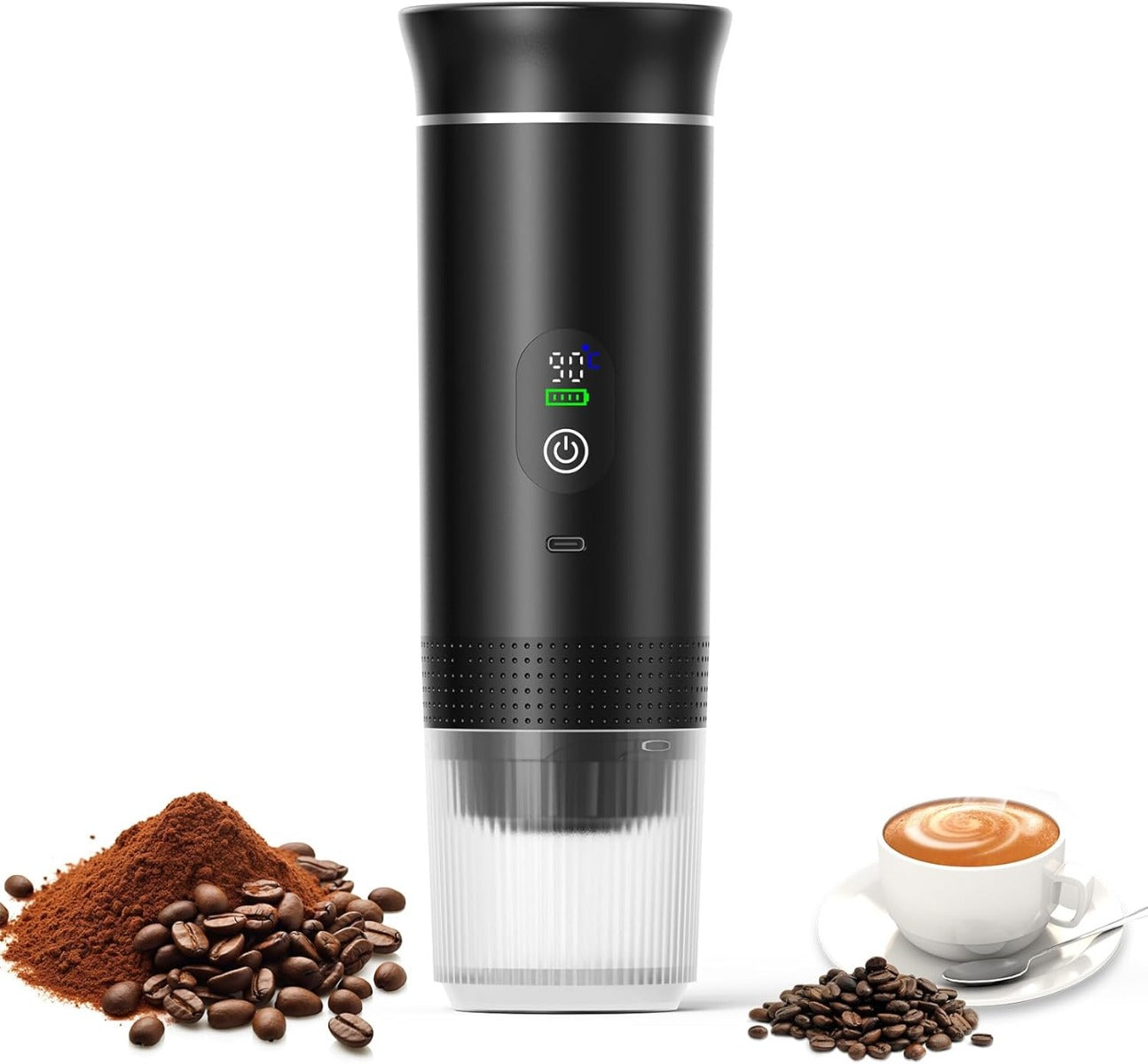 Macchina da Caffè Portatile 3-in-1 Ricaricabile con Display Digitale, Serbatoio 80 ml, Compatibile con Capsule e Caffè Macinato, Infusione Calda e Fredda, 2500 mAh – Espresso da Viaggio