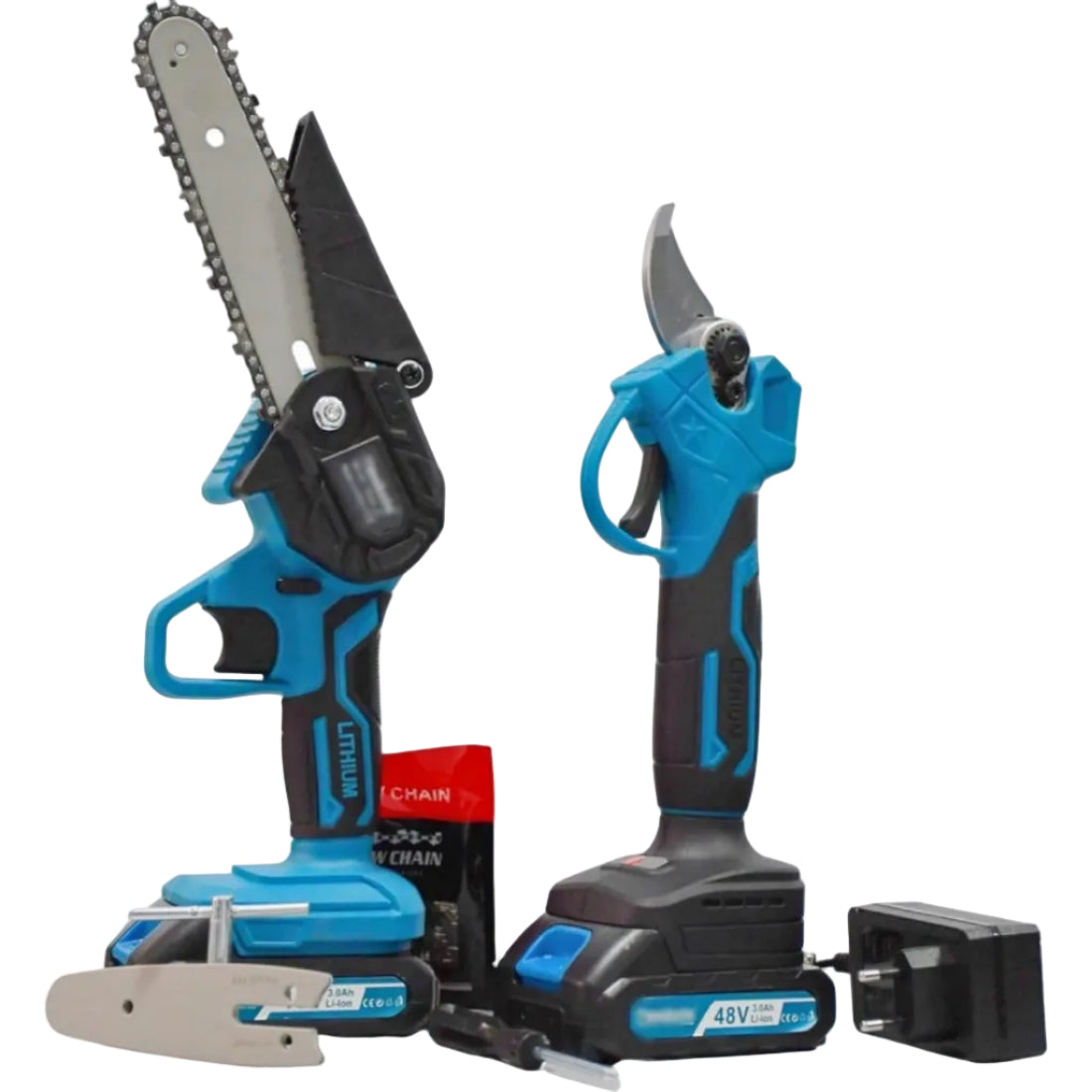Set Potatura 2 in 1 con Motosega e Forbici a Batteria –2 batterie da 48V, Lama da 6", Valigetta Inclusa