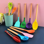 Set da cucina 12 pezzi in silicone e legno mestoli colorati nuovi