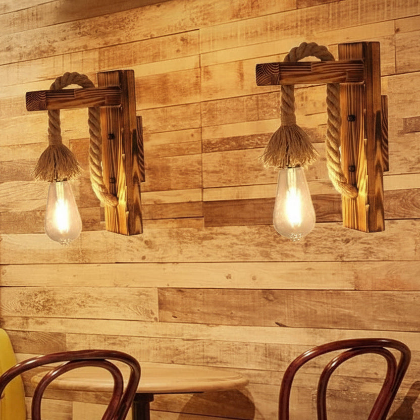 Applique da Parete in Legno e Corda di Canapa Stile Rustico Retrò
