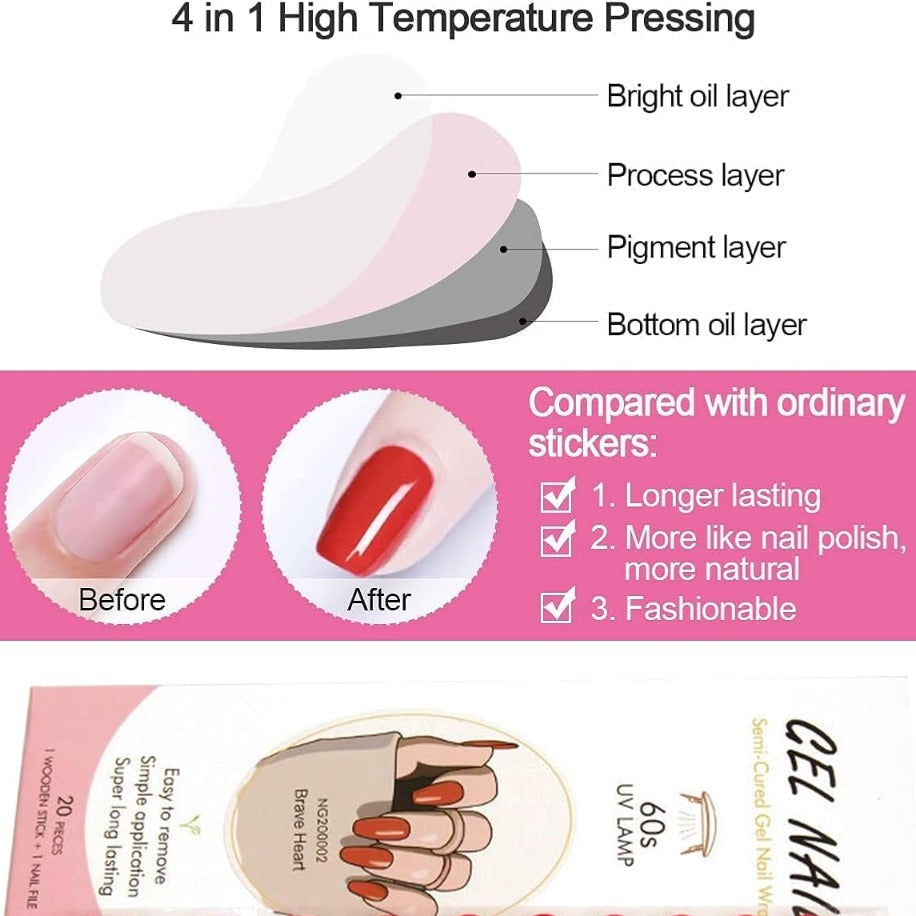 Kit Strisce Adesive per Unghie in Gel - 20 Pezzi con Lima e Bastoncino per Manicure Perfetta rosso