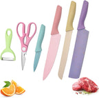 Set Coltelli da Cucina Colorati 6 Pezzi - Coltello Chef, Pane, Frutta, Multiuso, Pelapatate e Forbici - Lama in Acciaio Inox