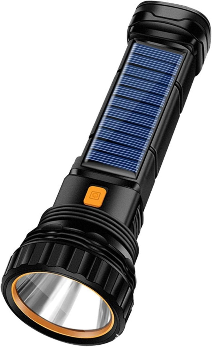 Torcia LED a Energia Solare con Ricarica USB, Impermeabile e Multifunzionale per Emergenze, Campeggio, Pesca, e Sopravvivenza