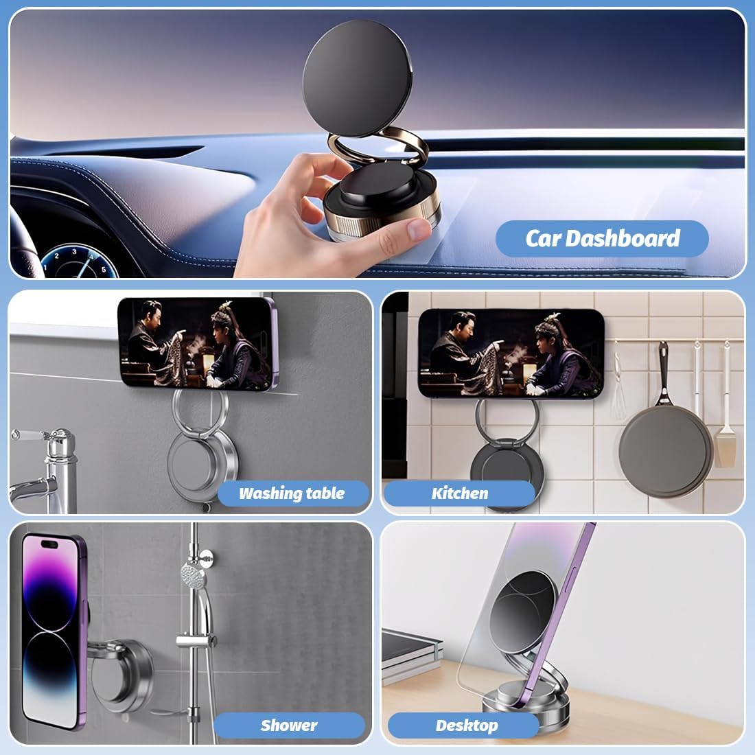 Supporto Magnetico Smartphone 360° – Rotazione Totale, Adesione Sottovuoto + Magnete, Pieghevole 270°, Universale per Auto, Casa e Scrivania