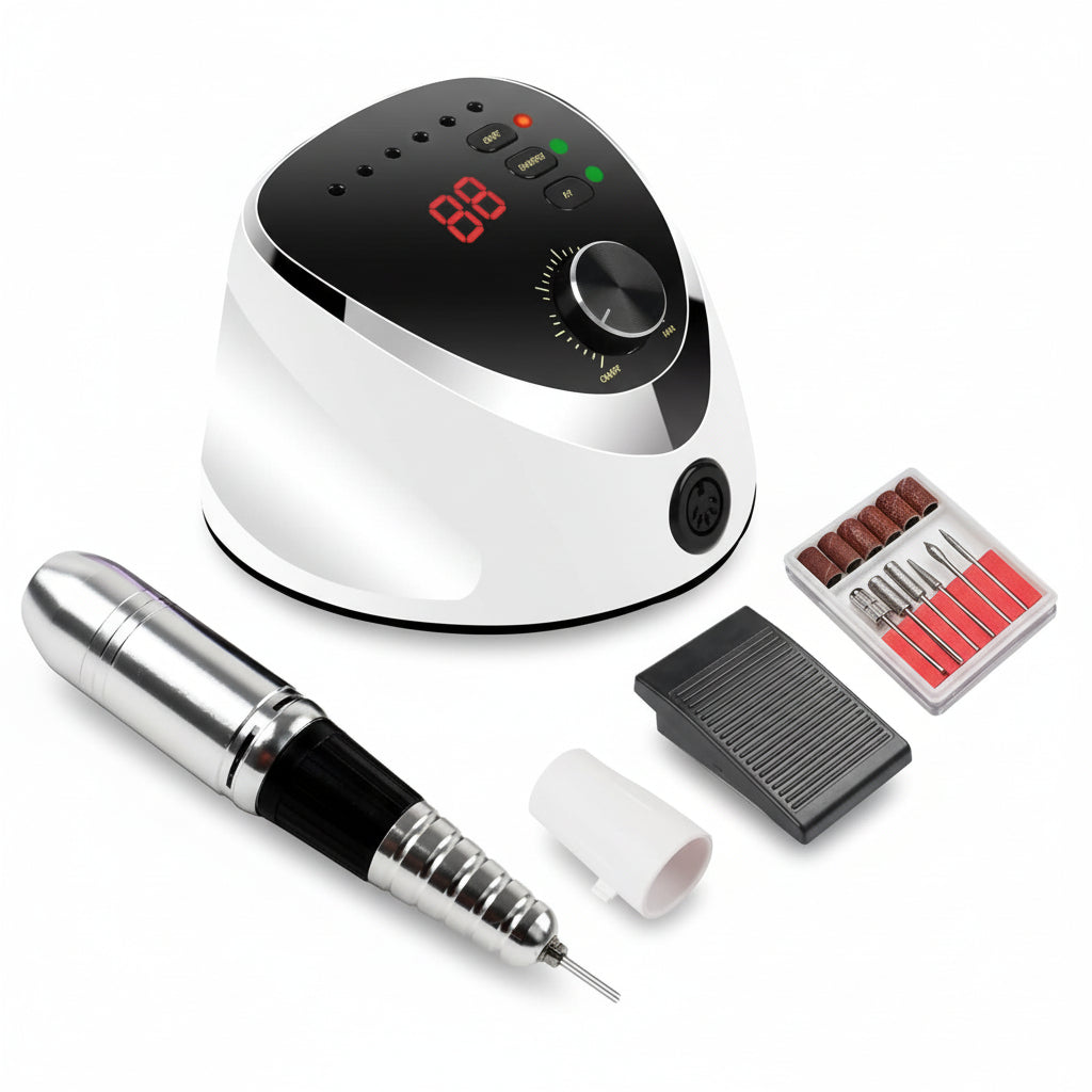 Fresa per Unghie Professionale 35000 Giri – Trapano Elettrico per Manicure e Pedicure con Pedale, Display LED, Punte e Bande Abrasive