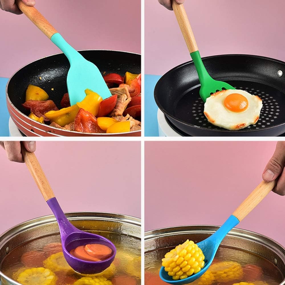 Set da cucina 12 pezzi in silicone e legno mestoli colorati nuovi