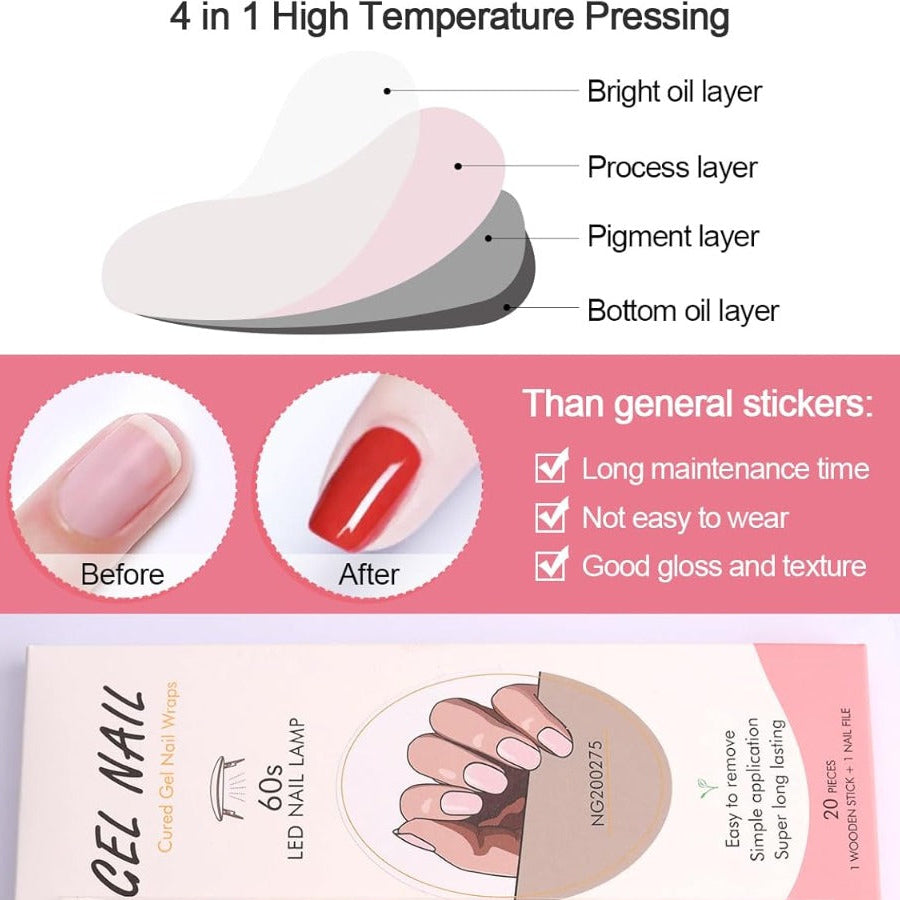 Kit Adesivi per Unghie in Gel Semipolimerizzato - 20 Strisce Autoadesive con Accessori per Manicure rosa delicato
