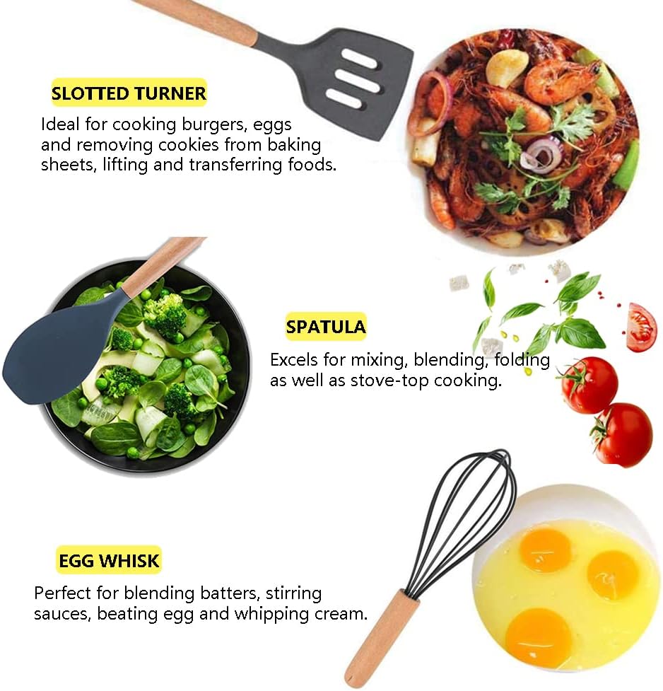 Set di Utensili da Cucina e Coltelli da Cucina da 19 Pezzi in Silicone con Manico in Legno (nero)