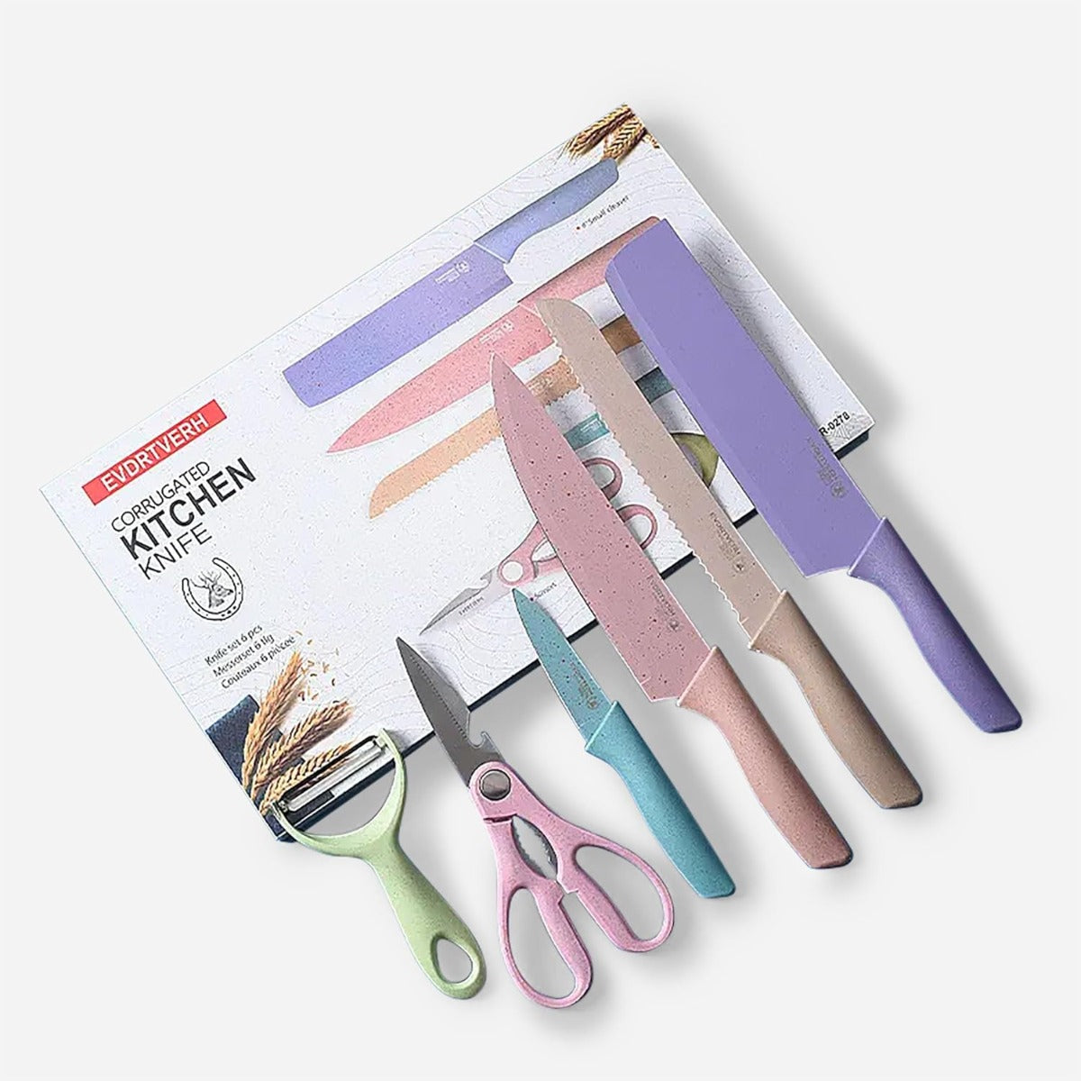 Set Coltelli da Cucina Colorati 6 Pezzi - Coltello Chef, Pane, Frutta, Multiuso, Pelapatate e Forbici - Lama in Acciaio Inox