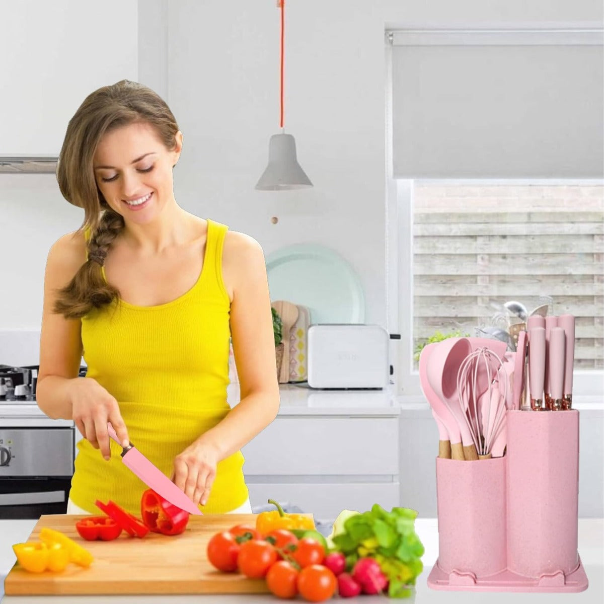 Set di Utensili da Cucina e Coltelli da Cucina da 19 Pezzi in Silicone con Manico in Legno (rosa)