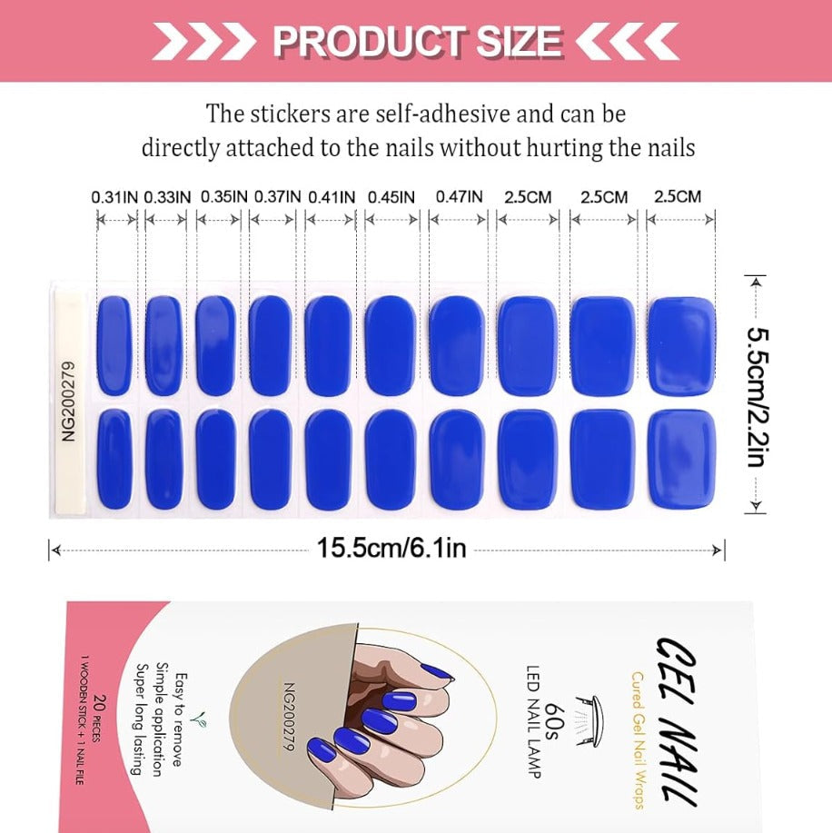 Kit Adesivi per Unghie in Gel Semipolimerizzato - 20 Strisce Autoadesive con Accessori per Manicure blu elettrico