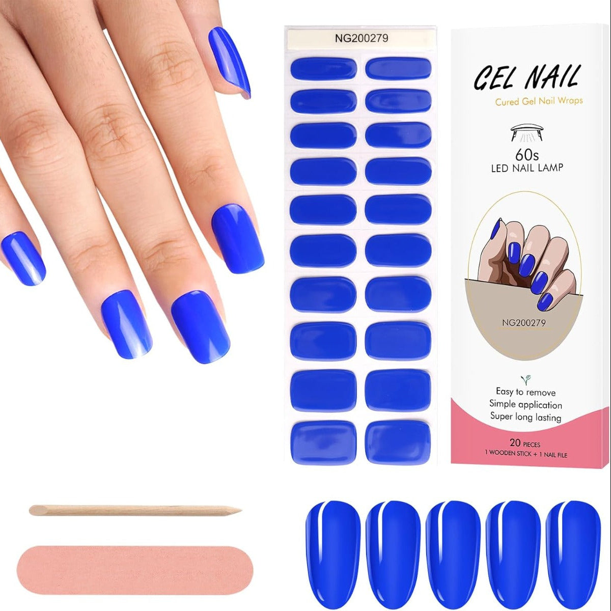 Kit Adesivi per Unghie in Gel Semipolimerizzato - 20 Strisce Autoadesive con Accessori per Manicure blu elettrico