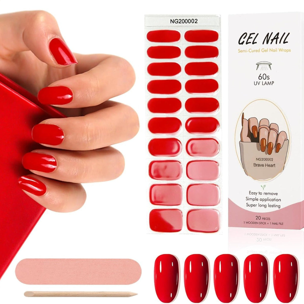 Kit Strisce Adesive per Unghie in Gel - 20 Pezzi con Lima e Bastoncino per Manicure Perfetta rosso