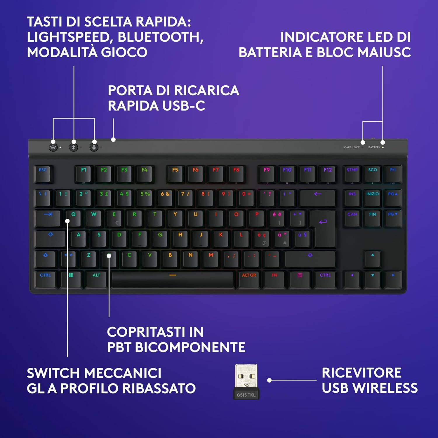 Tastiera Gaming G G515 LIGHTSPEED TKL| Wireless Meccanica