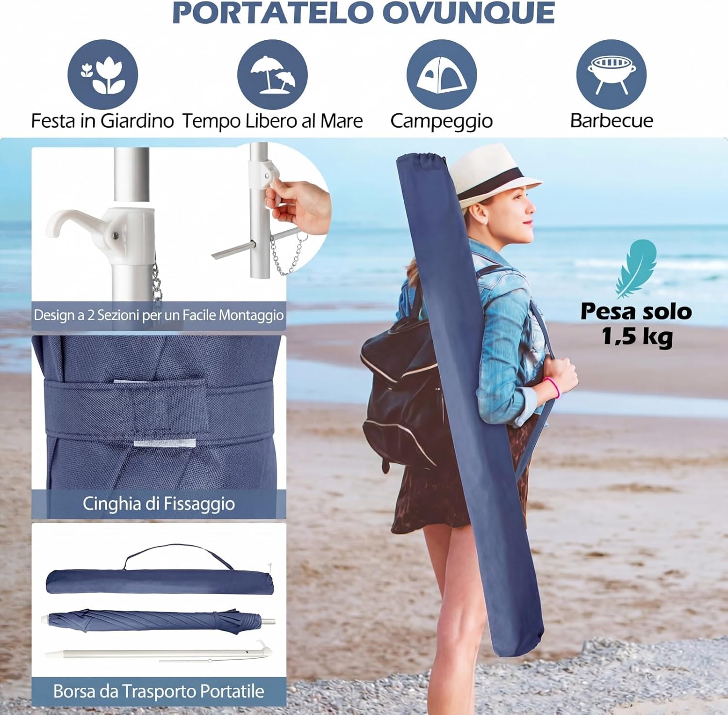 Ombrellone da Spiaggia COSTWAY: Alluminio Inclinabile e Protezione UV