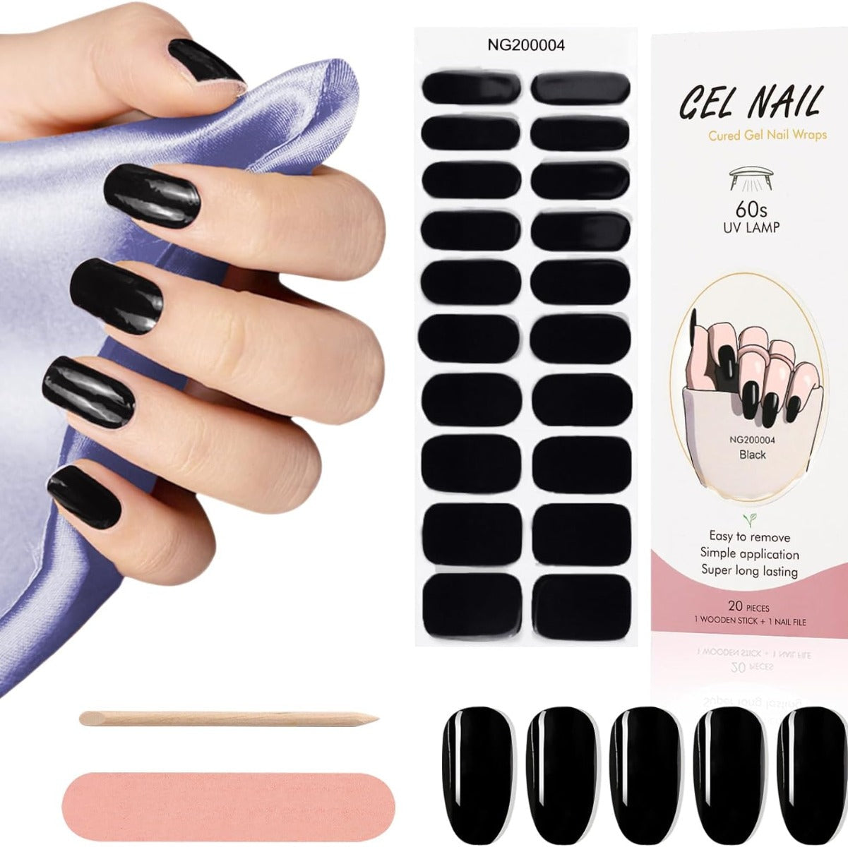 Kit Adesivi per Unghie in Gel Semipolimerizzato - 20 Strisce Autoadesive con Accessori per Manicure nero lucido