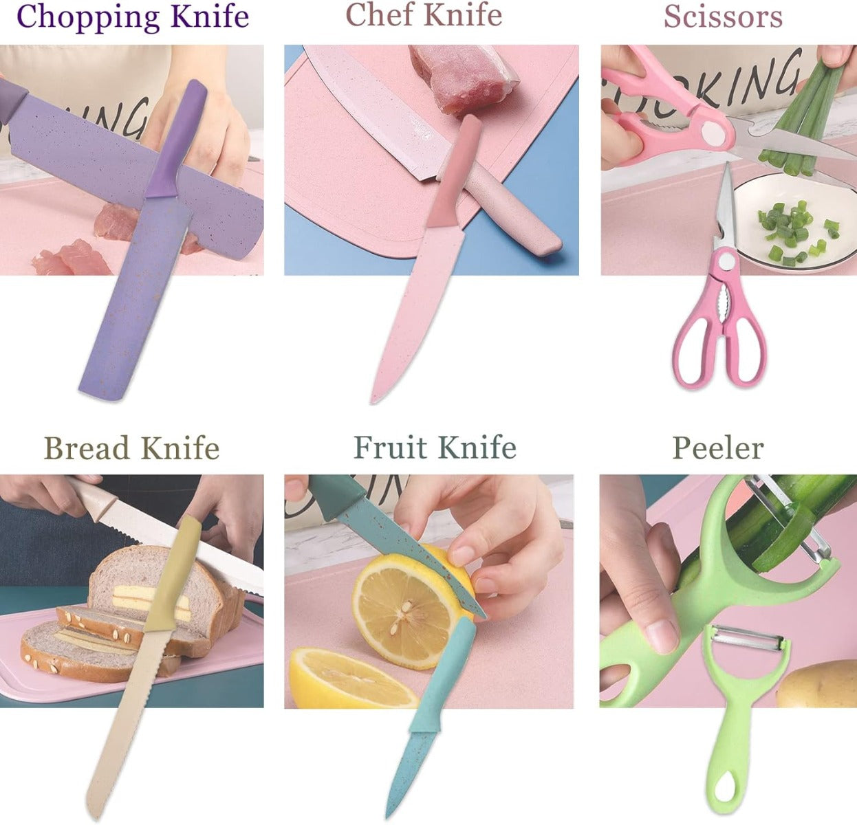 Set Coltelli da Cucina Colorati 6 Pezzi - Coltello Chef, Pane, Frutta, Multiuso, Pelapatate e Forbici - Lama in Acciaio Inox