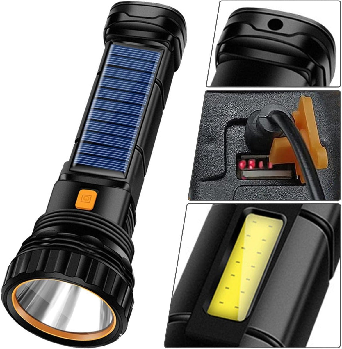 Torcia LED a Energia Solare con Ricarica USB, Impermeabile e Multifunzionale per Emergenze, Campeggio, Pesca, e Sopravvivenza