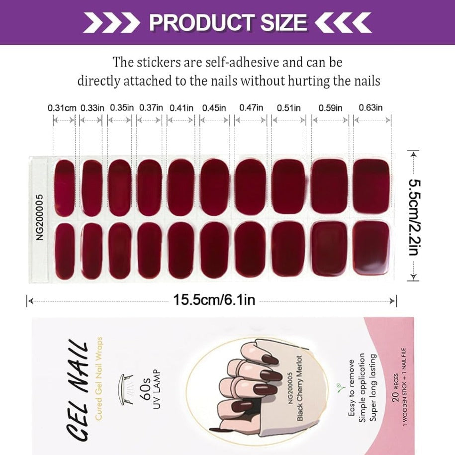 Kit Adesivi per Unghie in Gel Semipolimerizzato - con Accessori per Manicure bordeaux