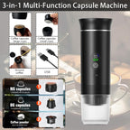 Macchina da Caffè Portatile 3-in-1 Ricaricabile con Display Digitale, Serbatoio 80 ml, Compatibile con Capsule e Caffè Macinato, Infusione Calda e Fredda, 2500 mAh – Espresso da Viaggio