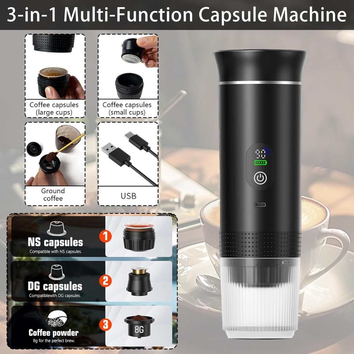 Macchina da Caffè Portatile 3-in-1 Ricaricabile con Display Digitale, Serbatoio 80 ml, Compatibile con Capsule e Caffè Macinato, Infusione Calda e Fredda, 2500 mAh – Espresso da Viaggio