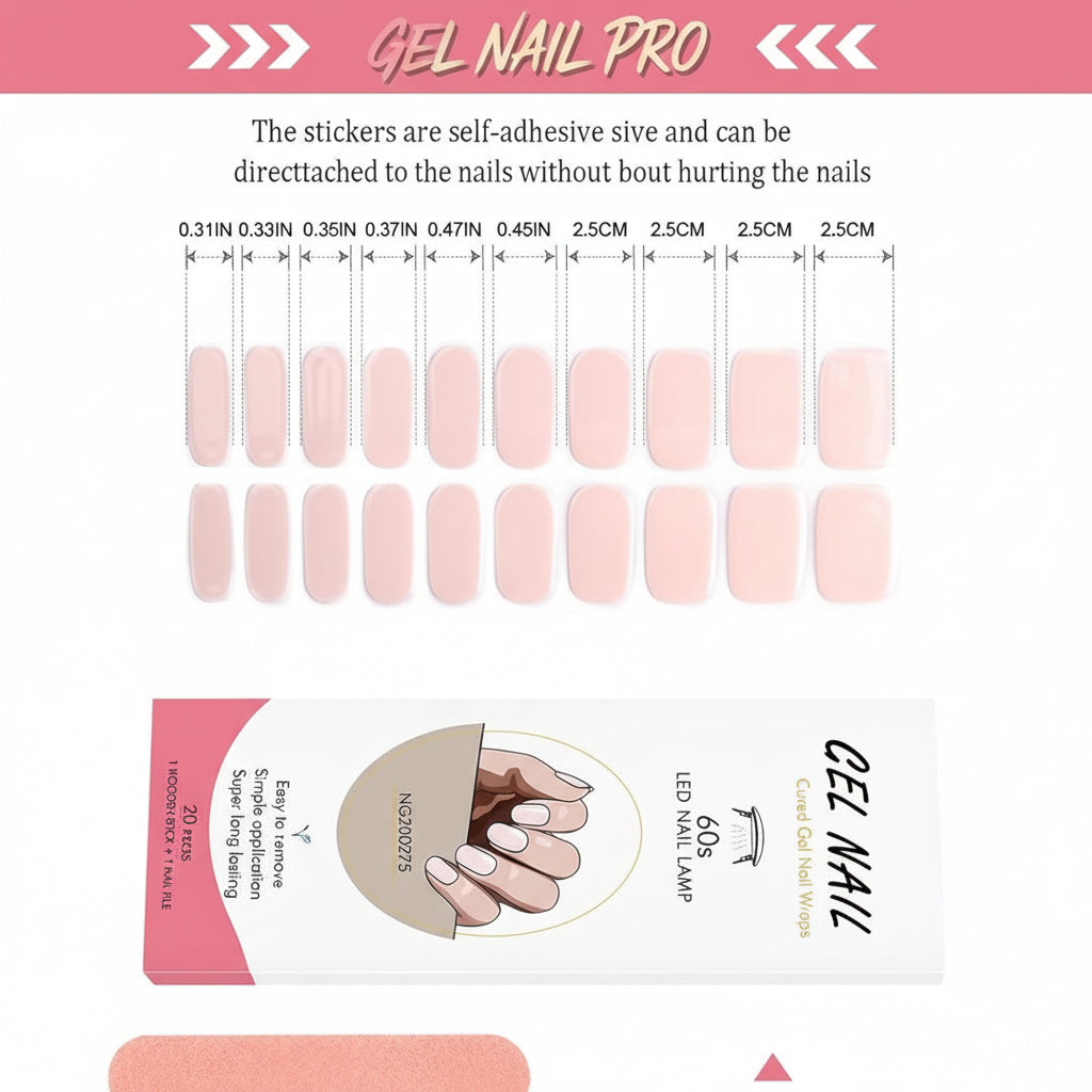 Kit Adesivi per Unghie in Gel Semipolimerizzato - 20 Strisce Autoadesive con Accessori per Manicure rosa delicato