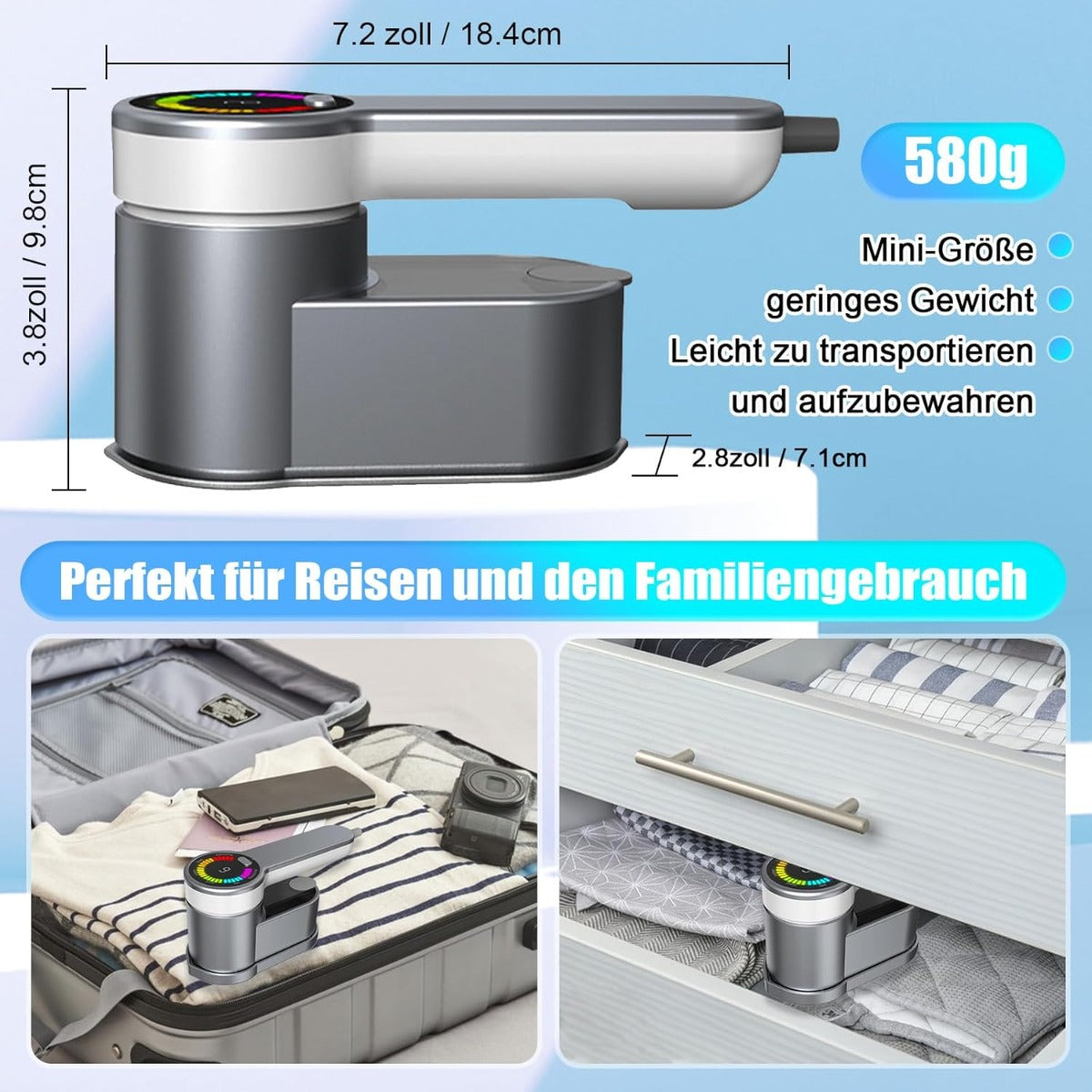 Mini Ferro da Stiro a Vapore da Viaggio 1200W – 6 Modalità, Riscaldamento 5s, Pieghevole 180°, Serbatoio 120ml, Piastra Ceramica Antiaderente