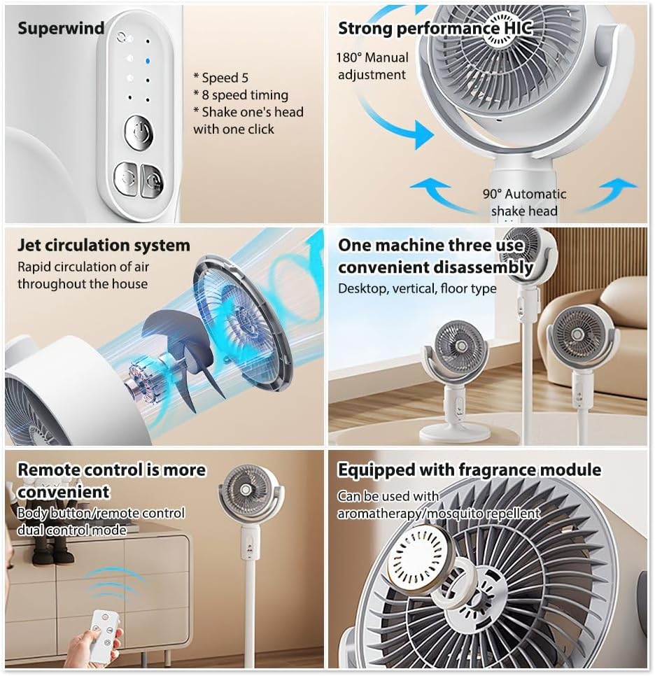 Ventilatore Ricaricabile 3-in-1 da Pavimento – Portatile, Silenzioso, Regolabile con Telecomando