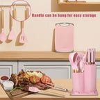 Set di Utensili da Cucina e Coltelli da Cucina da 19 Pezzi in Silicone con Manico in Legno (rosa)